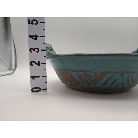 Signed Studio Pottery Bowl With Twisted Handles Teal Blue Fishscale Design - Picture 9 of 9
